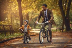 contento padre e figlia cavalcata biciclette nel il autunno parco su un' soleggiato giorno. generativo ai foto