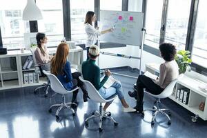 donne d'affari durante incontro a un' flip chart, presentazione idee per un' ricerca motore ottimizzazione foto