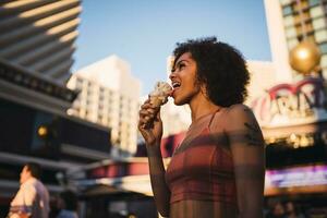 Stati Uniti d'America, Nevada, las Las Vegas, contento giovane donna mangiare ghiaccio crema nel il città foto