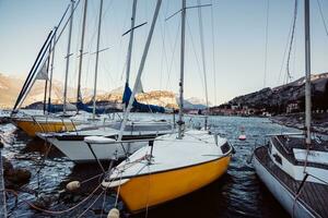 Barche ormeggiato nel il porto nel Italia su il superficie di il montagna lago Lago di garda durante il estate Alba con cittadina e chiaro cielo nel il sfondo foto