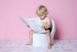 ragazzo lettura giornale e andare in bagno su pentola. foto