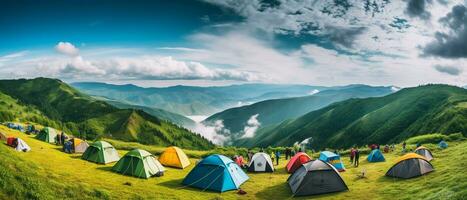 campeggio tenda su il superiore di montagna ai generativo foto