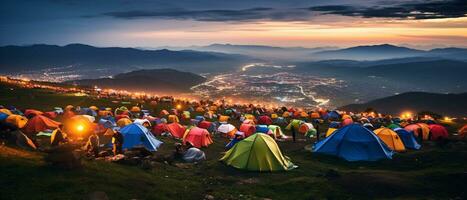 campeggio tenda su il superiore di montagna ai generativo foto