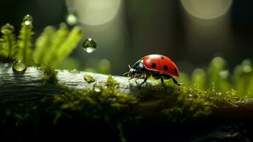 macro foto di signora insetto su il foglia