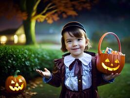 un' poco ragazza indossare un' Halloween costume Tenere zucca caramella benna. generativo ai. foto