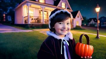 poco ragazzo indossare Halloween costume Tenere zucca in piedi nel davanti di Casa.. generativo ai. foto