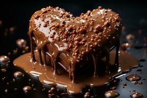 gocciolante cioccolato nel un' cuore forma isolato su nero sfondo ai generativo foto