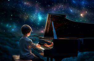 ragazzo giocare pianoforte sotto stelle. creare ai foto