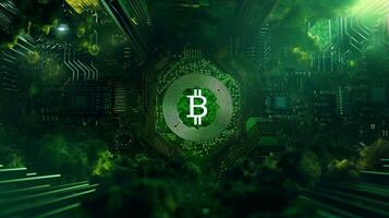 criptovaluta concetto con bitcoin verde Tech sfondo ai generativo foto