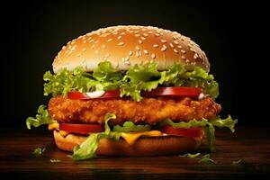 Doppio Hamburger isolato su nero sfondo ai generativo foto