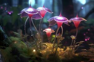 un' bioluminescente alieno cristallo foresta con fiori, bioluminescente carnivoro impianti, ai generativo foto