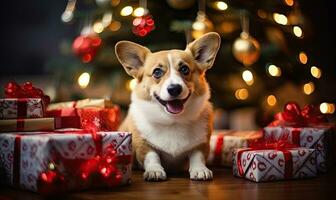 giocoso corgi si siede di un' abbagliante Natale albero creato con generativo ai utensili foto