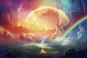 fantasia cielo arcobaleno. Fata cieli arcobaleni colori, Magia paesaggio e sognare cielo sfondo illustrazione, ai generativo foto