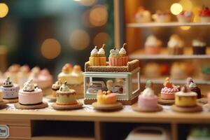 un' gusto di dolcezza. un' pop mercato blindbox torta negozio con un' pulito sfondo. ai generativo foto