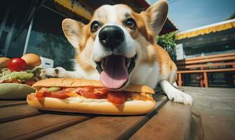 giocoso corgi cane nel un' bar ambientazione, avidamente guardando un' allettante caldo cane su un' di legno tavolo. creato ai utensili foto