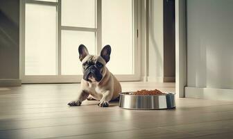 soddisfare francese bulldog accanto un' cibo ciotola. creato con ai foto