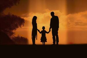 ombra di contento famiglia insieme, genitori con loro poco bambino a tramonto. un' silhouette di amore e unità. ai generativo foto