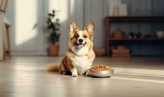 corgi cane avidamente attende pasto accanto un' cibo ciotola. creato con ai utensili foto