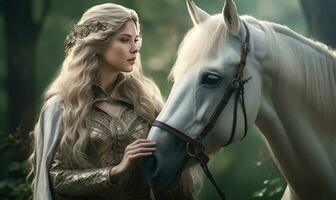 grazioso donna e bianca cavallo Condividere un' tranquillo momento. ai generativo foto