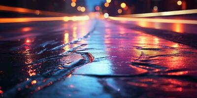 bagnato asfalto con neon luce. creato con ai utensili foto