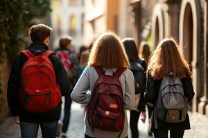 posteriore Visualizza di un' gruppo di studenti con zaini a piedi su il strada, indietro Visualizza di un' gruppo di studenti con zaini a piedi su il strada, alto scuola bambini con scuola borse, ai generato foto