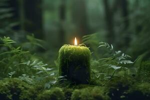 ardente candela su muschio, buio verde sfocato il naturale sfondo. Magia candela. generativo ai foto