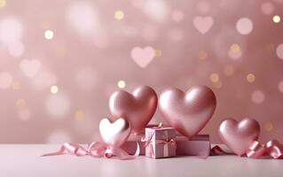 contento san valentino giorno striscione. rosa e oro cuori Foglio palloncini con i regali su rosa bokeh. San Valentino giorno sfondo. romantico bandiera sfondo, vuoto spazio per testo, ai generativo foto