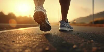 vicino su su il scarpa, corridore atleta piedi in esecuzione su il strada sotto luce del sole nel il mattina. ai generativo foto