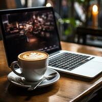 caffè e laptop sulla scrivania foto