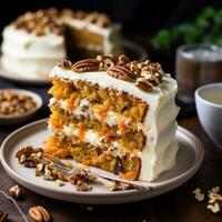 umido carota torta con crema formaggio glassa e tritato Noci Pecan foto