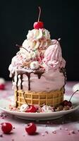 giocoso ghiaccio crema cono torta con spruzzatori e ciliegia foto