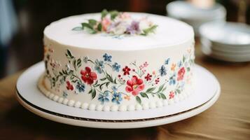 semplice bianca torta con acquerello florals foto