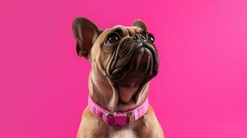 carino bulldog cucciolo nel davanti di un' rosa sfondo con copia spazio generativo ai, ai generato foto