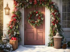 tradizionale festivo ghirlanda su il porta fatto di abete rami e decorato con Natale giocattoli ai generativo foto