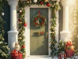Casa decorato per il inverno vacanze con Natale ghirlanda ai generativo foto