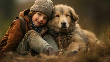 autoscatto foto di un' poco ragazzo con il suo cane . generativo ai