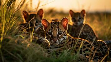 foto di un' mandria di ocelot riposo nel un Aperto la zona su il savana. generativo ai