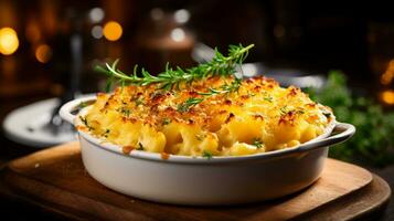 foto di al forno maccheroni e formaggio come un' piatto nel un' fascia alta ristorante. generativo ai