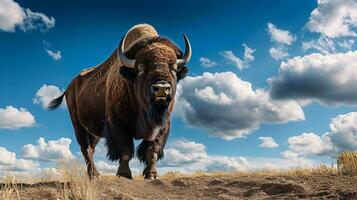 foto di un' bisonte sotto blu cielo. generativo ai