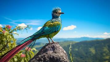 foto di quetzal nel là foresta con blu cielo. generativo ai