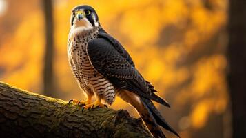 foto di un' pellegrino falco in piedi su un' caduto albero ramo a mattina. generativo ai