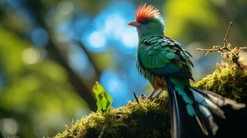 foto di quetzal nel là foresta con blu cielo. generativo ai