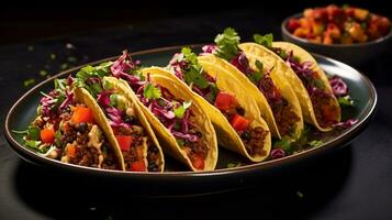 foto di vegano tacos come un' piatto nel un' fascia alta ristorante. generativo ai