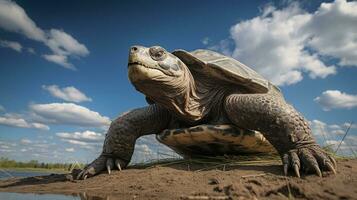 foto di un' snapping tartaruga sotto blu cielo. generativo ai