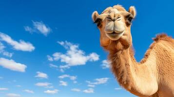 foto di un' cammello nel un' deserto con blu cielo. generativo ai