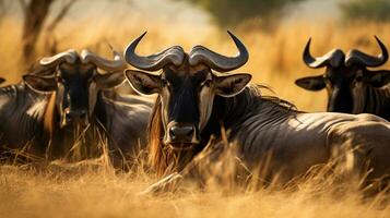 foto di un' mandria di gnu riposo nel un Aperto la zona su il savana. generativo ai