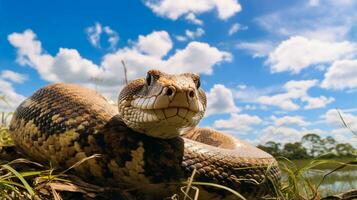 foto di un' anaconda sotto blu cielo. generativo ai