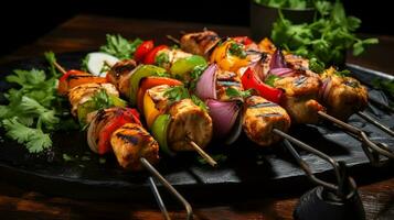 foto di pollo kebab come un' piatto nel un' fascia alta ristorante. generativo ai