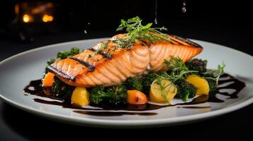 foto di grigliato salmone come un' piatto nel un' fascia alta ristorante. generativo ai