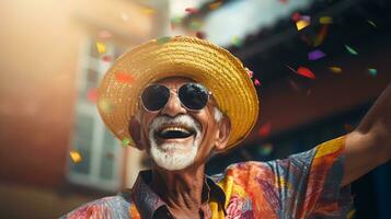 vecchio uomo utilizzando Colombia cappello e occhiali da sole quando celebra dia de la razza. generativo ai foto